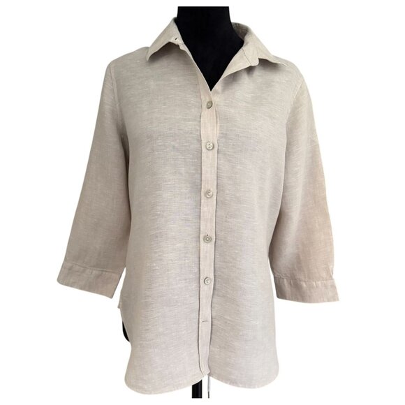 Chicos Womens Linen Button Up Shirt Size 6 Beige‎ Long Sleeve Blouse Oversized - Picture 1 of 9